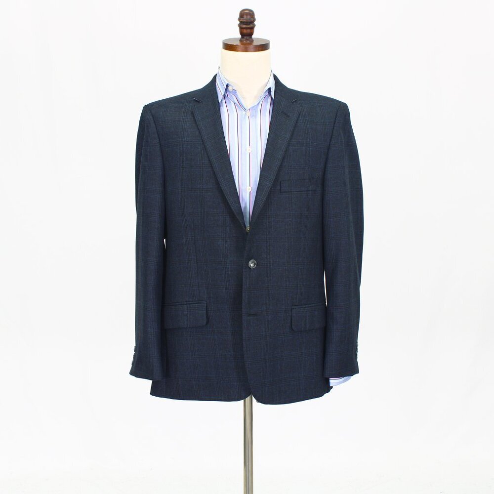 Haggar 46R Navy Check 2-Button Sport Coat Blazer Jacket T772